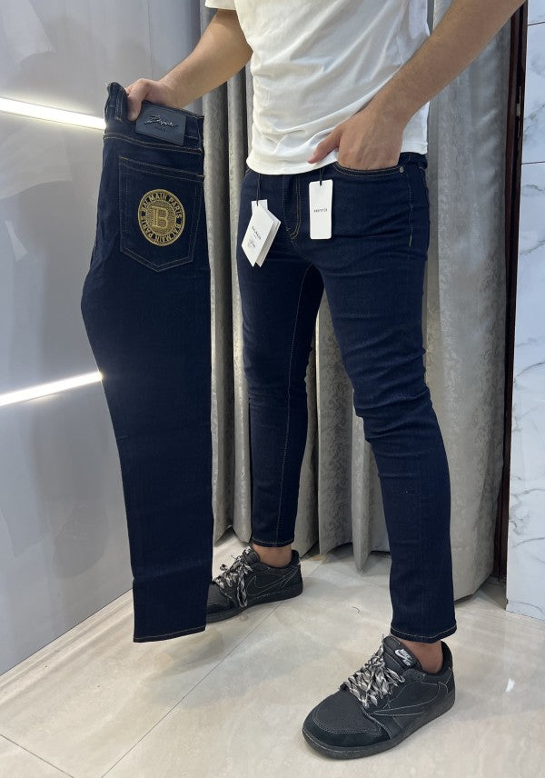 Balmain Paris Navy Blue Pocket Embroidery Work Imported Denim