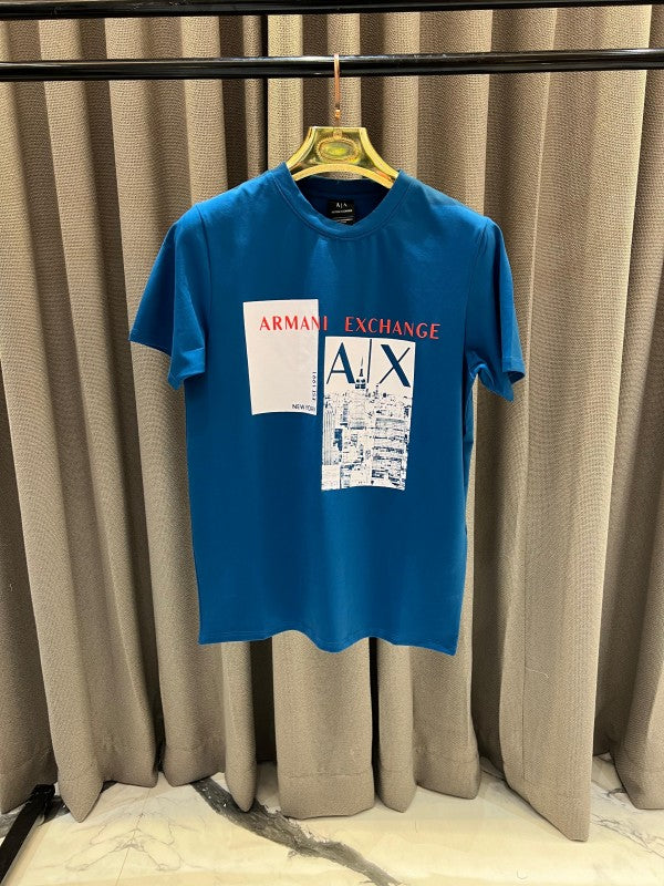 Armani Exchange Middle Brand Print Round Neck T-shirt Glass Blue