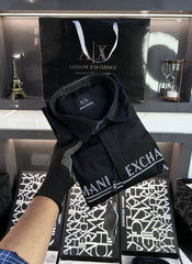 ARMANI EXCHANGE REFLECTIVE PRINT PREMIUM BLACK SHIRT WITH BRAND BOX PACKING AND CARRY BAG 1474
