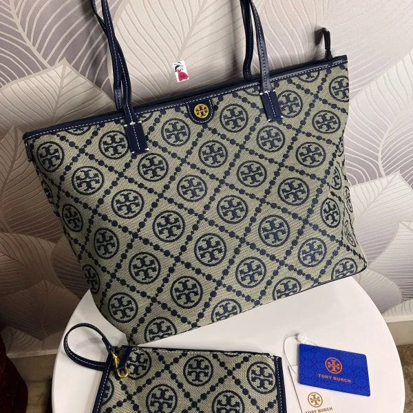 Tory Burch T Monogram Tote With OG Box & Dust Bag & Extra Pouch (Blue 633)