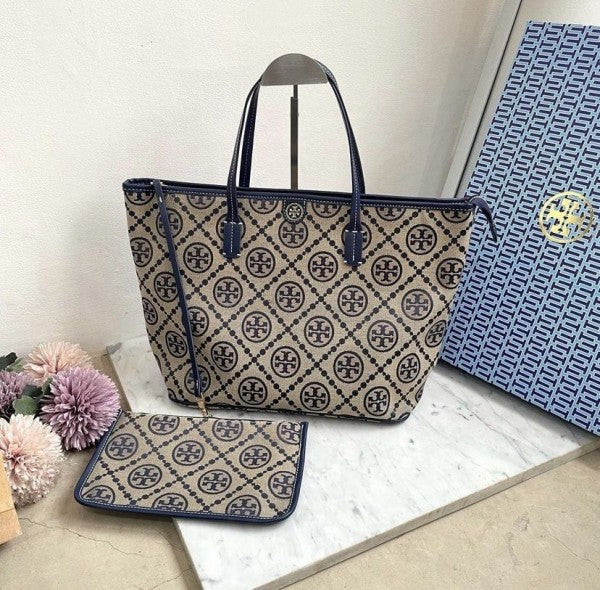 Tory Burch T Monogram Tote With OG Box & Dust Bag & Extra Pouch (Blue 633)