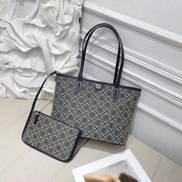 Tory Burch T Monogram Tote With OG Box & Dust Bag & Extra Pouch (Blue 633)