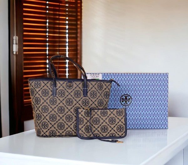 Tory Burch T Monogram Tote With OG Box & Dust Bag & Extra Pouch (Blue 633)