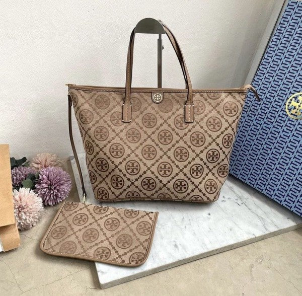 Tory Burch T Monogram Tote With OG Box & Dust Bag & Extra Pouch (Brown 634)