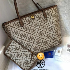 Tory Burch T Monogram Tote With OG Box & Dust Bag & Extra Pouch (Brown 634)