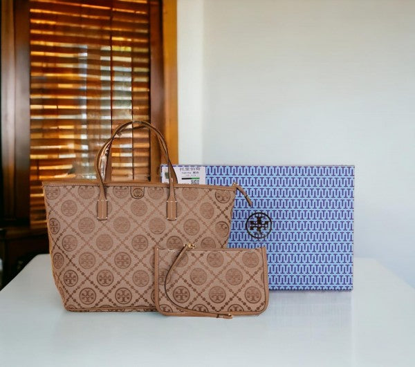 Tory Burch T Monogram Tote With OG Box & Dust Bag & Extra Pouch (Brown 634)