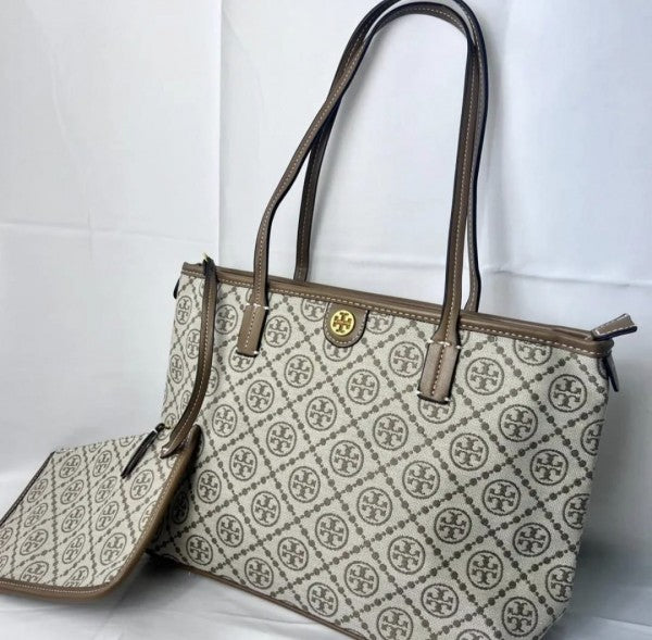 Tory Burch T Monogram Tote With OG Box & Dust Bag & Extra Pouch (Brown 634)