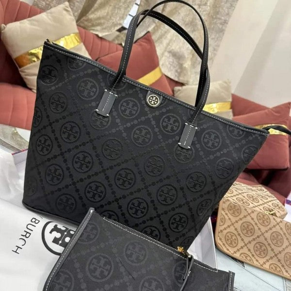 Tory Burch T Monogram Tote With OG Box & Dust Bag & Extra Pouch (Black 635)