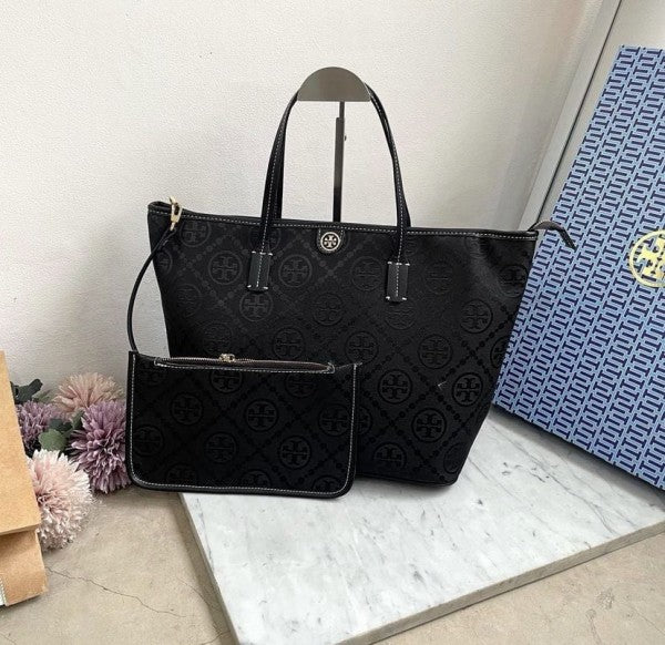 Tory Burch T Monogram Tote With OG Box & Dust Bag & Extra Pouch (Black 635)