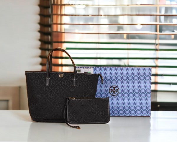 Tory Burch T Monogram Tote With OG Box & Dust Bag & Extra Pouch (Black 635)