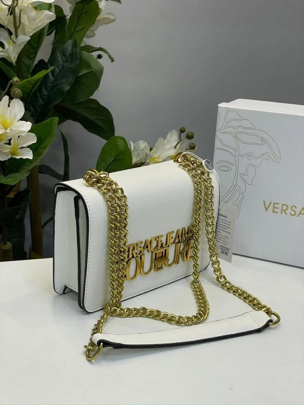 Versace Jeans Couture Saffiano Lock Crossbody Bag With OG Gift Box & Dust Bag (White - 524)