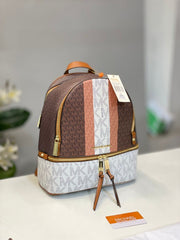 Michael Kors Rhea Medium Logo and Pebbled Leather Backpack With Dust Bag (ColorsCoffeeWhite - 6448)