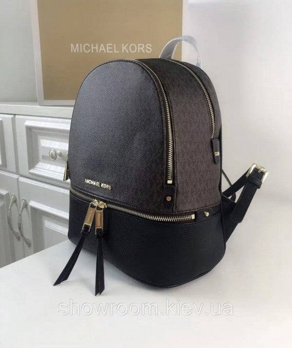 Michael Kors Rhea Medium Logo and Pebbled Leather Backpack With Dust Bag (Coffee Black - 6448)