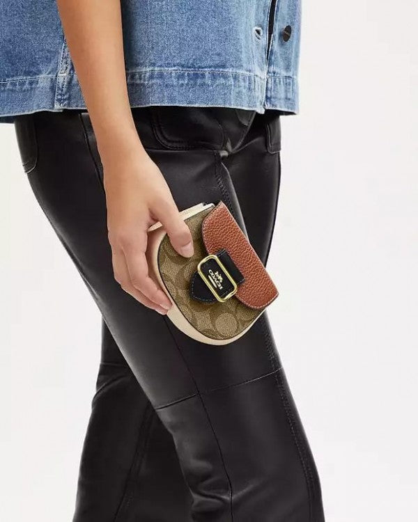 Coach Morgan Card Case On A Chain In Colorblock Signature Canvas GoldKhaki Multi CK439 With OG Box & Dust Bag