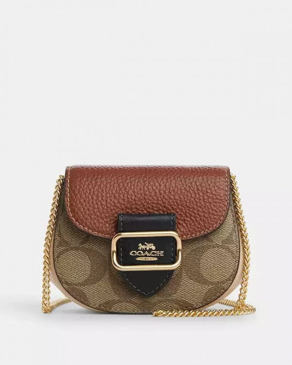 Coach Morgan Card Case On A Chain In Colorblock Signature Canvas GoldKhaki Multi CK439 With OG Box & Dust Bag