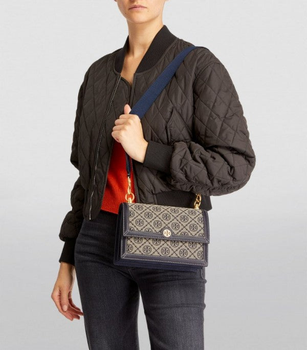 Tory Burch T Monogram Shoulder Bag With Adjustable Strap With OG Box & Dust Bag (Blue - 174)