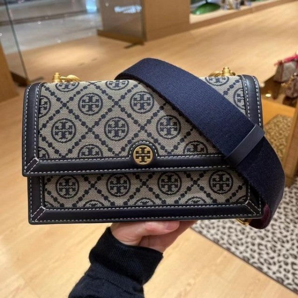 Tory Burch T Monogram Shoulder Bag With Adjustable Strap With OG Box & Dust Bag (Blue - 174)