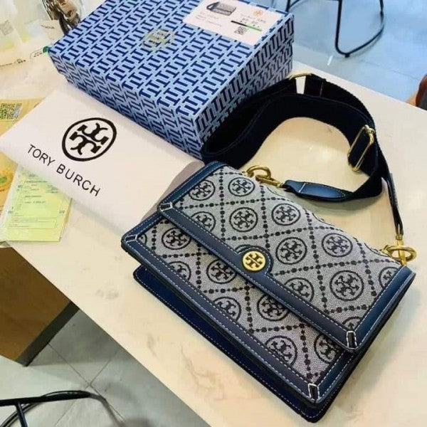 Tory Burch T Monogram Shoulder Bag With Adjustable Strap With OG Box & Dust Bag (Blue - 174)