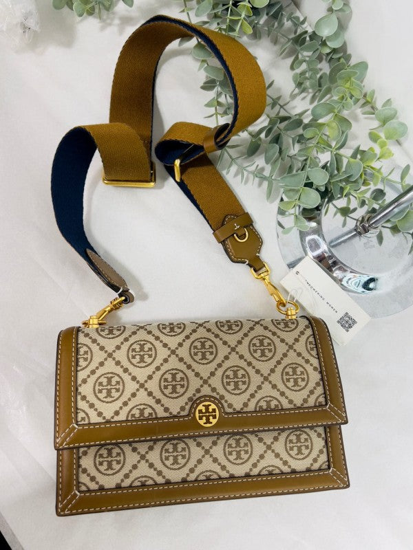 Tory Burch T Monogram Shoulder Bag With Adjustable Strap With OG Box & Dust Bag (Brown - 175)