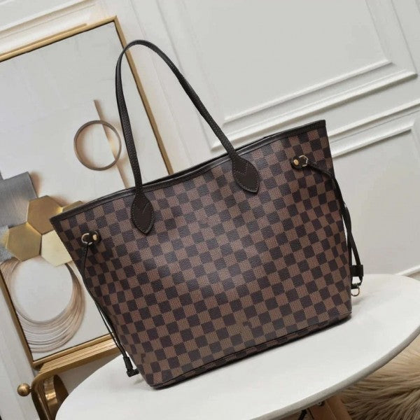 Louis Vuitton LV Neverfull Tote Bag With Extra Pouch & Dust Bag (Brown Cheks - 864)