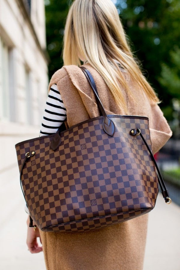 Louis Vuitton LV Neverfull Tote Bag With Extra Pouch & Dust Bag (Brown Cheks - 864)