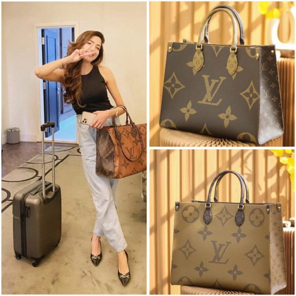 Louis Vuitton LV On The Go Monogram and Monogram Reverse Premium Leather Tote Bag With Dust Bag (Brown - 189)