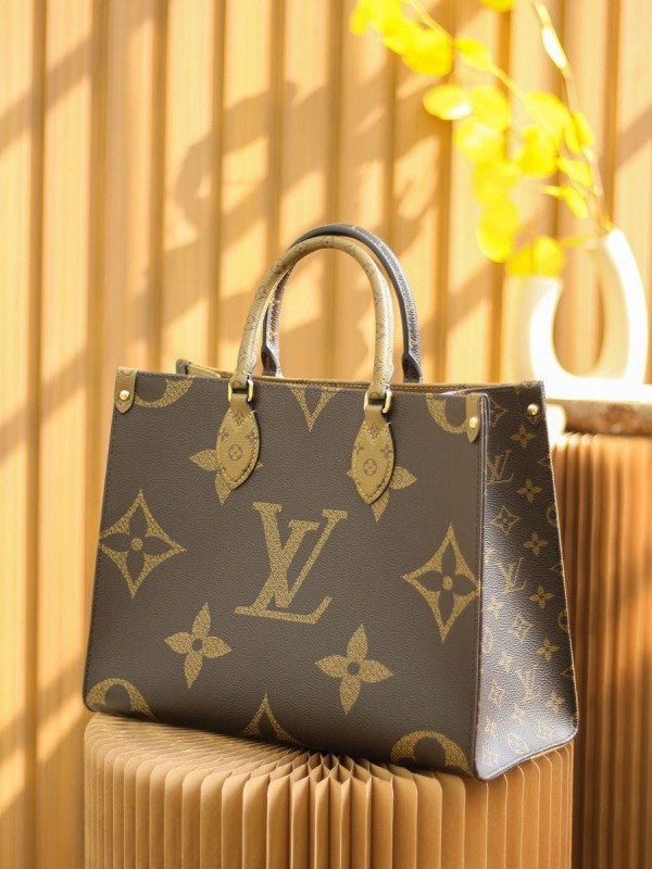 Louis Vuitton LV On The Go Monogram and Monogram Reverse Premium Leather Tote Bag With Dust Bag (Brown - 189)