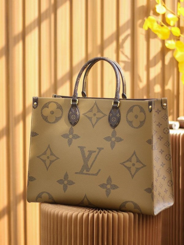 Louis Vuitton LV On The Go Monogram and Monogram Reverse Premium Leather Tote Bag With Dust Bag (Brown - 189)