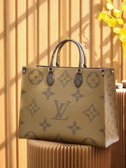 Louis Vuitton LV On The Go Monogram and Monogram Reverse Premium Leather Tote Bag With Dust Bag (Brown - 189)