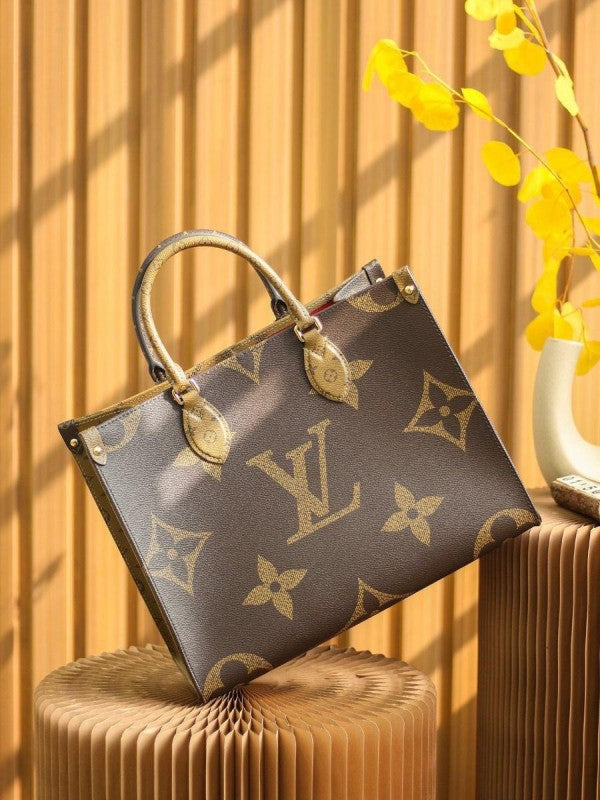 Louis Vuitton LV On The Go Monogram and Monogram Reverse Premium Leather Tote Bag With Dust Bag (Brown - 189)