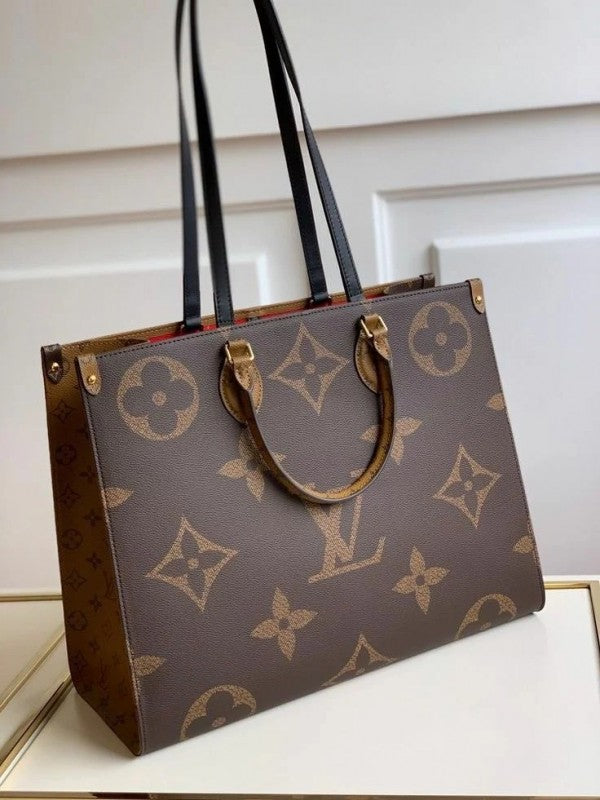 Louis Vuitton LV On The Go Monogram and Monogram Reverse Premium Leather Tote Bag With Dust Bag (Brown - 189)