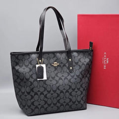 Coach Signature City Tote Bag With OG Box & Dust Bag (Black - 366)