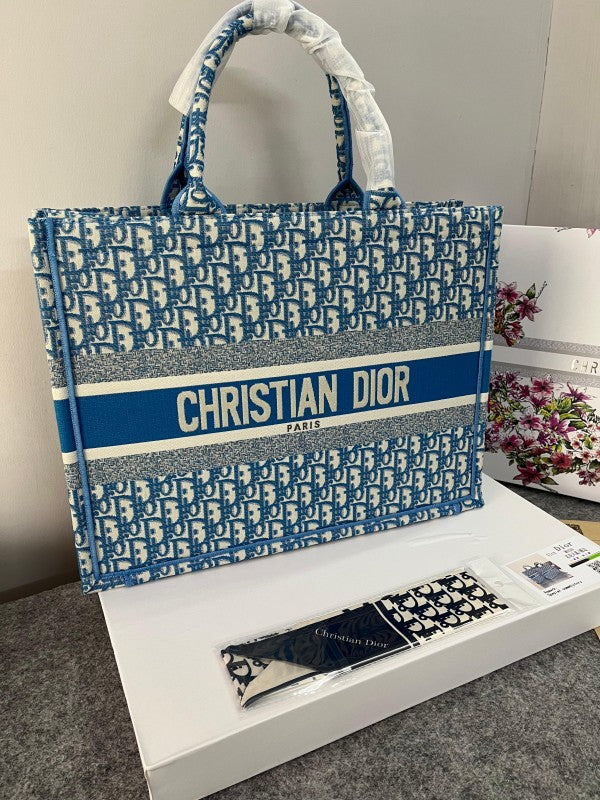 Dior Book Tote Oblique Embroidery With OG Box & Dust Bag & Scarf ( Blue - M929 41Cm)