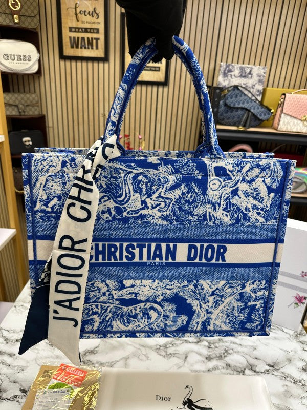 Dior Book Tote Oblique Embroidery With OG Box & Dust Bag & Scarf ( Blue Tiger - M929 41Cm)