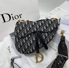 Christian Dior Saddle Bag Black Embroidery With Dust Bag (Black Oblique 18009)