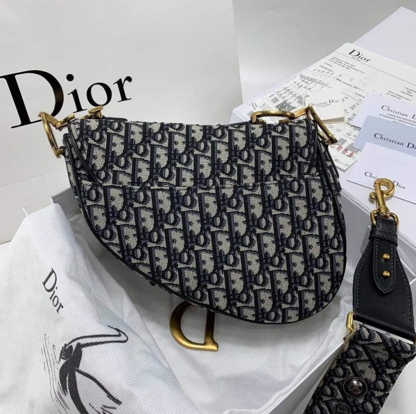 Christian Dior Saddle Bag Black Embroidery With Dust Bag (Black Oblique 18009)