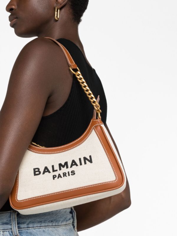 Balmain Paris B-Army Logo-Print Shoulder Bag With OG Box & Dust Bag BA329 Beige Brown