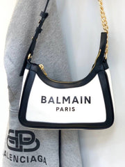 Balmain Paris B-Army Logo-Print Shoulder Bag With OG Box & Dust Bag BA329 Black White