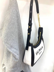 Balmain Paris B-Army Logo-Print Shoulder Bag With OG Box & Dust Bag BA329 Black White