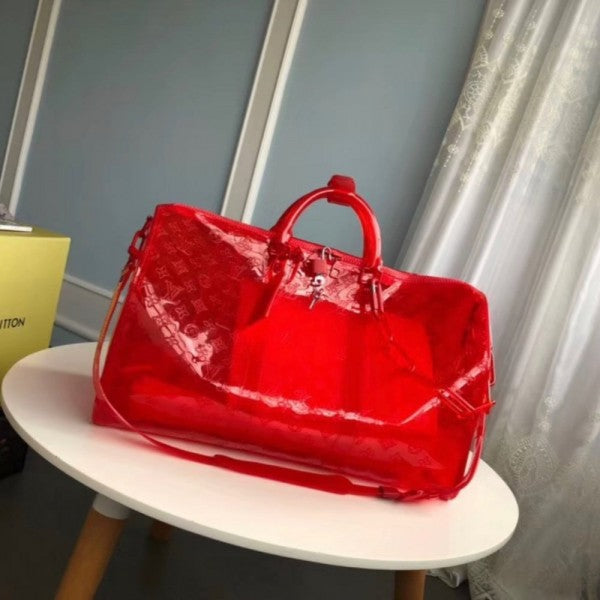 Louis Vuitton Keepall Bandouliere 50 Red Transparent Travel Duffle Bag With Dust Bag  (L-810)