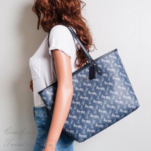 Coach Signature City Tote Bag With OG Box & Dust Bag (Printed Blue-845)