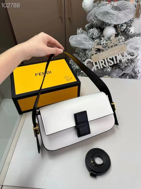 Fendi Baguette Twist Premium Shoulder Crossbody Bag With OG Box & Dust Bag & 2 Belts (White-928)