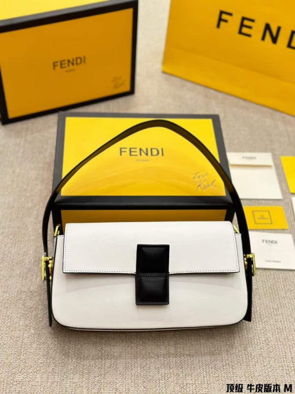 Fendi Baguette Twist Premium Shoulder Crossbody Bag With OG Box & Dust Bag & 2 Belts (White-928)