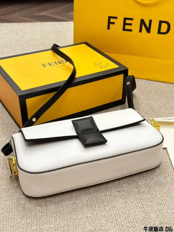 Fendi Baguette Twist Premium Shoulder Crossbody Bag With OG Box & Dust Bag & 2 Belts (White-928)