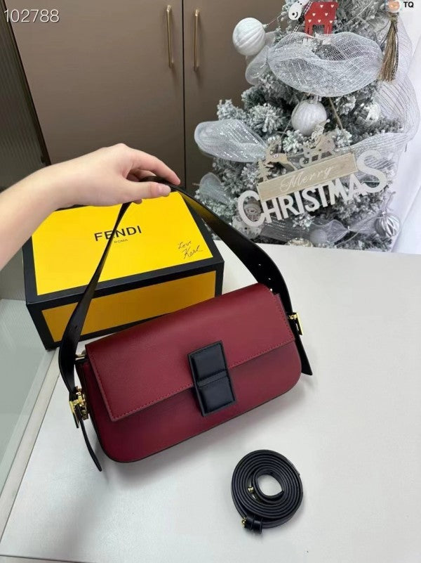 Fendi Baguette Twist Premium Shoulder Crossbody Bag With OG Box & Dust Bag & 2 Belts (Wine-929)