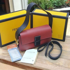 Fendi Baguette Twist Premium Shoulder Crossbody Bag With OG Box & Dust Bag & 2 Belts (Wine-929)