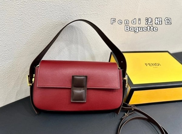 Fendi Baguette Twist Premium Shoulder Crossbody Bag With OG Box & Dust Bag & 2 Belts (Wine-929)