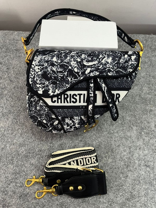 Christian Dior Saddle Bag Black Tiger Embroidery With Dust Bag