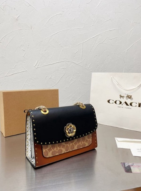 Coach Parker Studded Premium Shoulder Bag With OG Box & Dust Bag (Black-329)