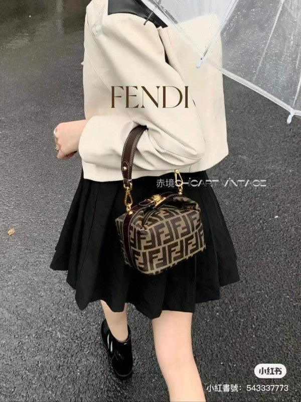 Fendi Baguette Mini Premium Hobo Bag With OG Magnetic Box & Dust Bag & 2 Belts (Brown-884)